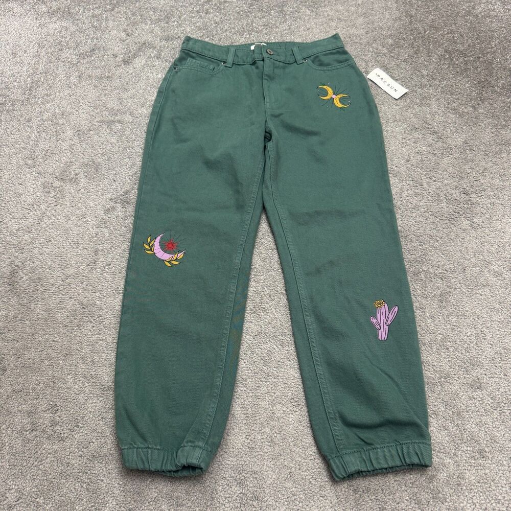 Pacsun Kids Graphic Denim Joggers Pants Unisex 12 Green Elastic Cuffs Casual NWT